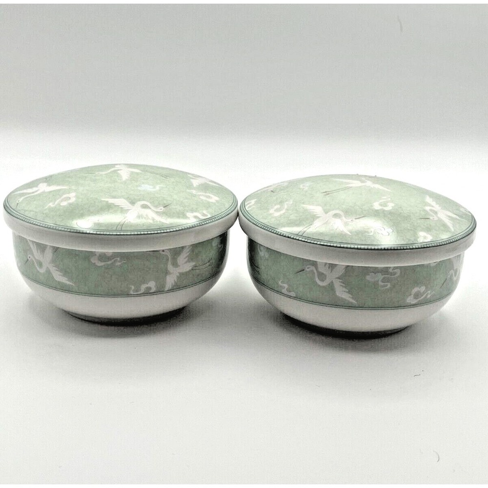 Korean Celadon Porcelain Crane Motif Cloud Lidded Rice Bowls 4"x 2" Lot of two‎